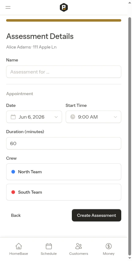 Crew picker on the assessment details step