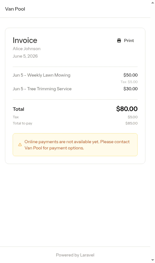 Customer invoice payment page