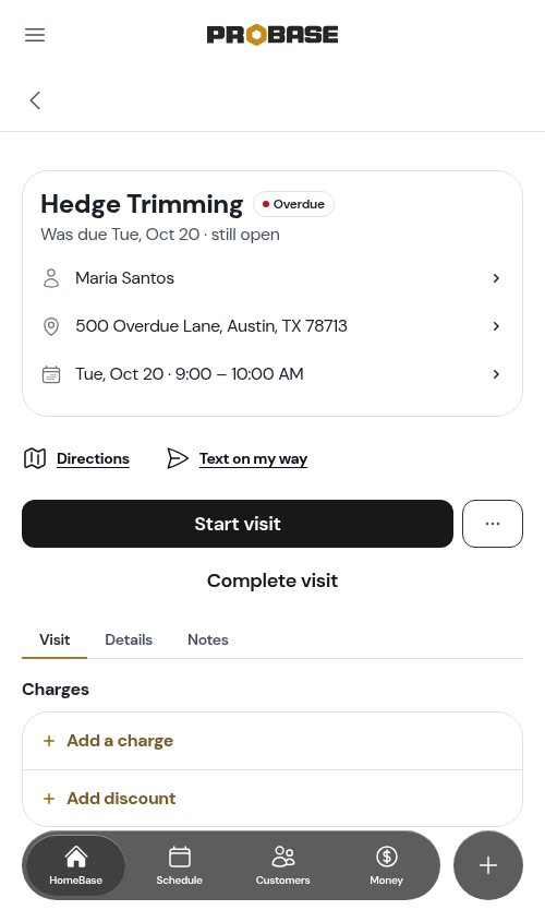 The visit page opened from the overdue list