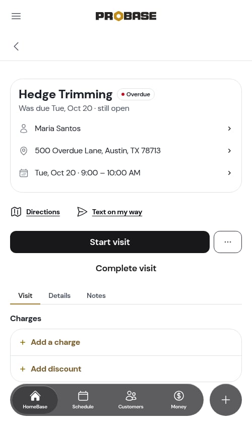 The visit page opened from the overdue list