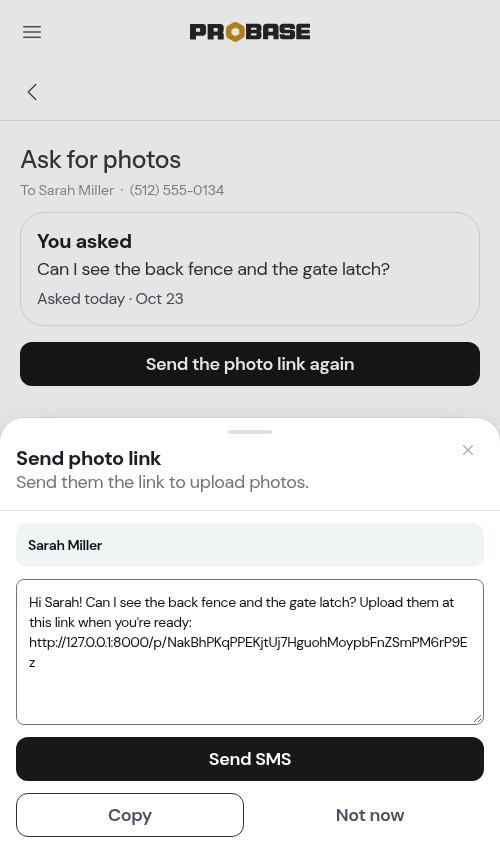 The send modal with the photo link