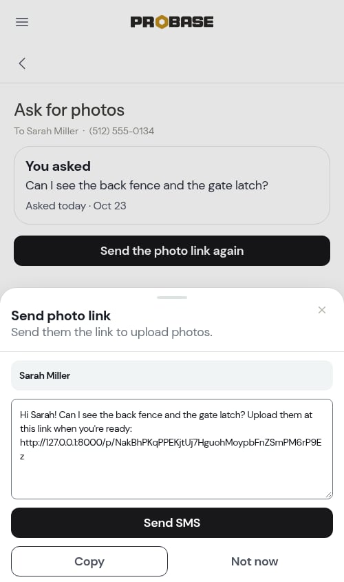 The send modal with the photo link