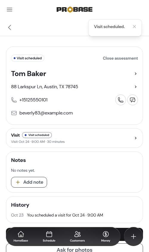 The booked visit on the assessment page