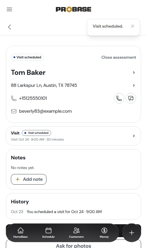 The booked visit on the assessment page