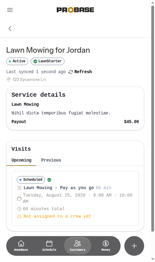 A locked LawnStarter service in ProBase