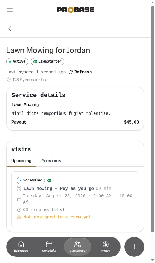 A locked LawnStarter service in ProBase