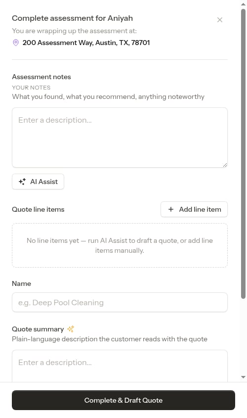 Assessment completion form (empty)