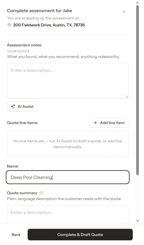 Assessment quote form after the checklist gate