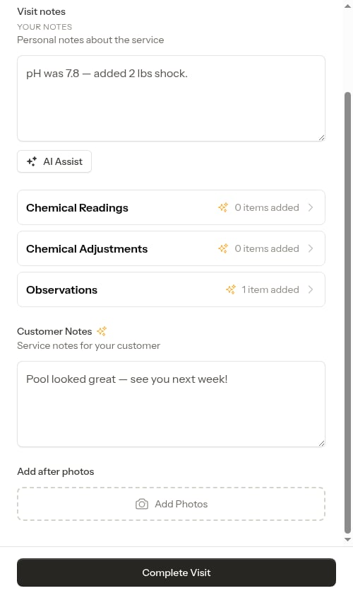 Completion form with autosaved notes and an observation entry