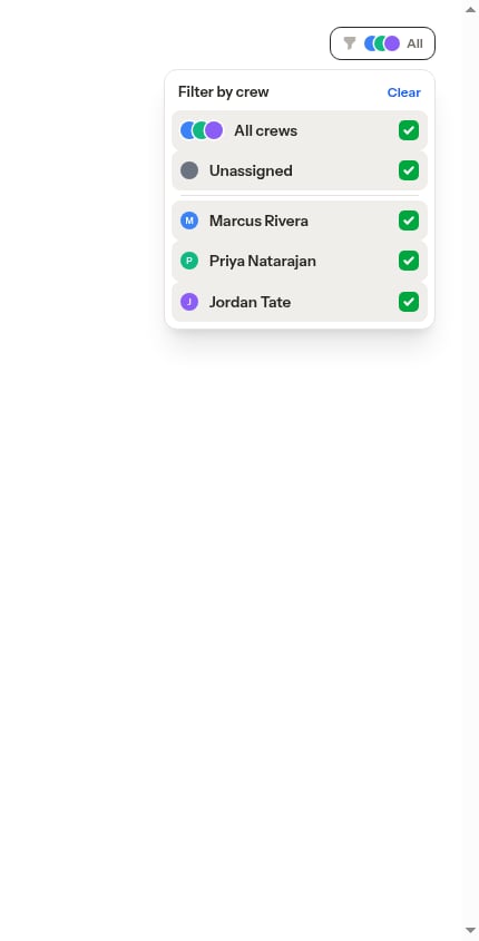 Crew filter dropdown open