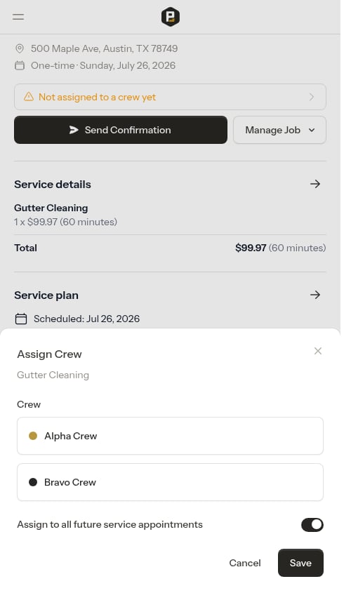 Assign Crew modal open with two crews to choose from