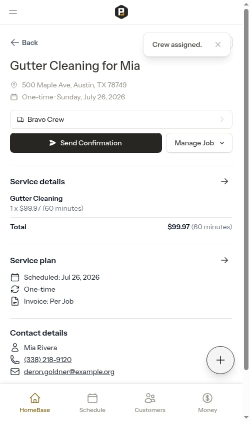 Appointment detail page after assigning a crew