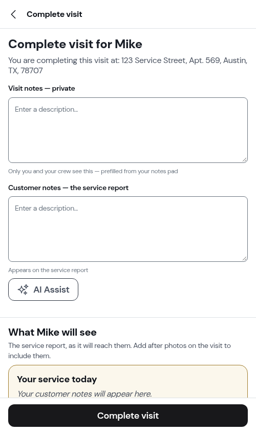 Completion form for a per-service appointment