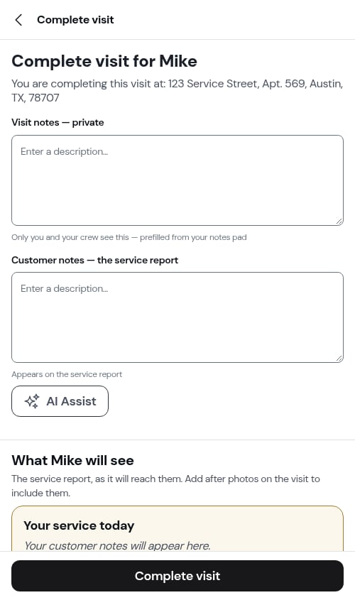 Completion form for a per-service appointment