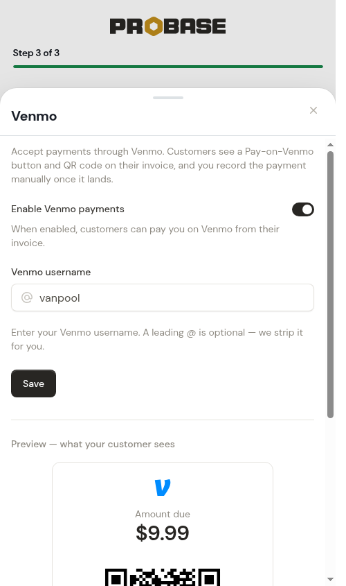 Venmo settings sheet during onboarding