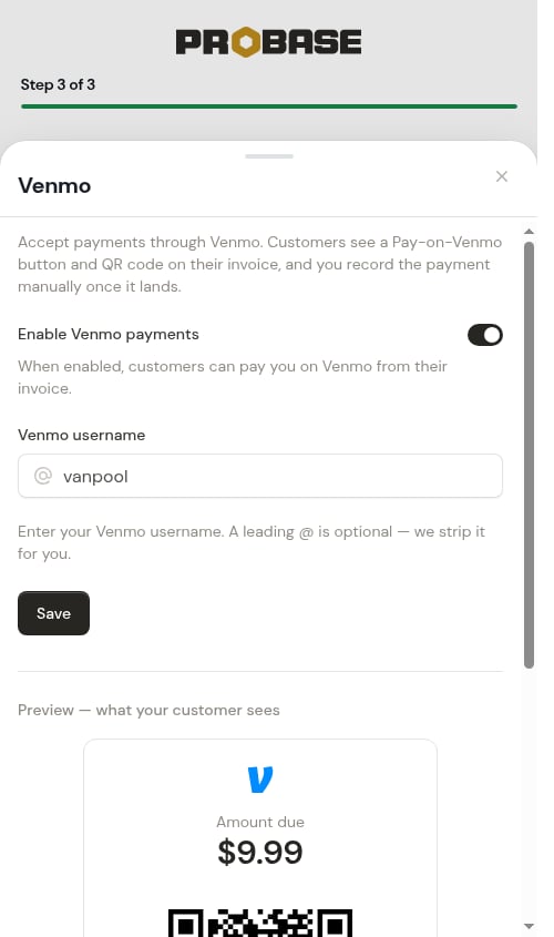 Venmo settings sheet during onboarding