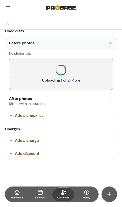 The Before photos zone showing upload progress