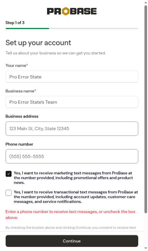 Inline prompt when a consent box is ticked without a phone number