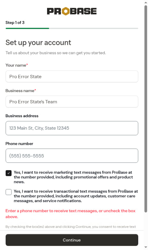 Inline prompt when a consent box is ticked without a phone number