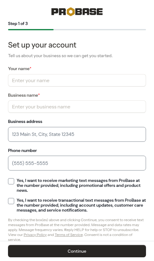 Pro onboarding step with explicit SMS consent checkboxes