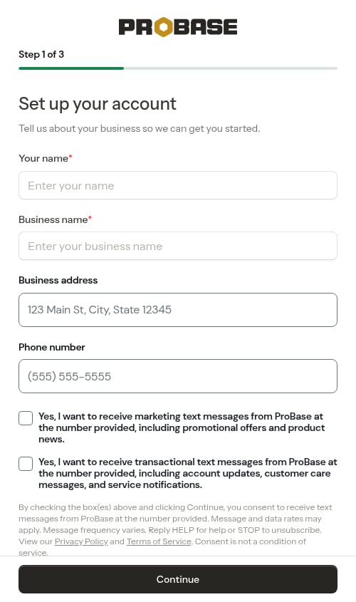 Pro onboarding step with explicit SMS consent checkboxes