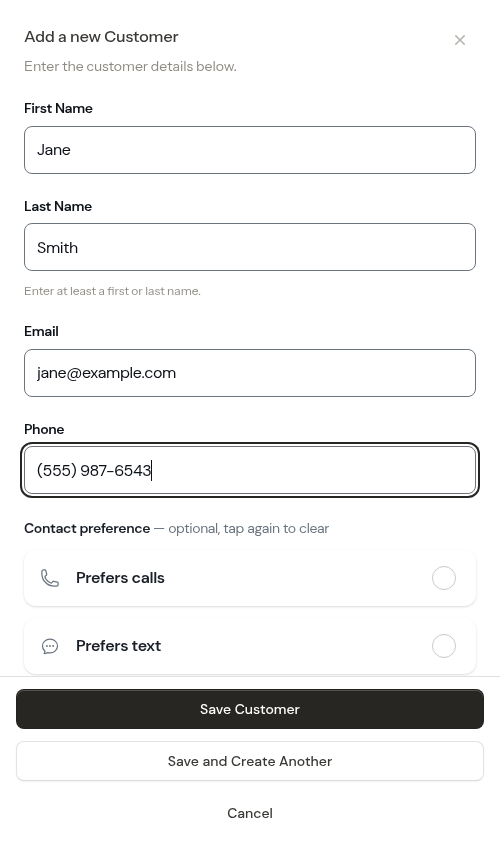 Customer form filled