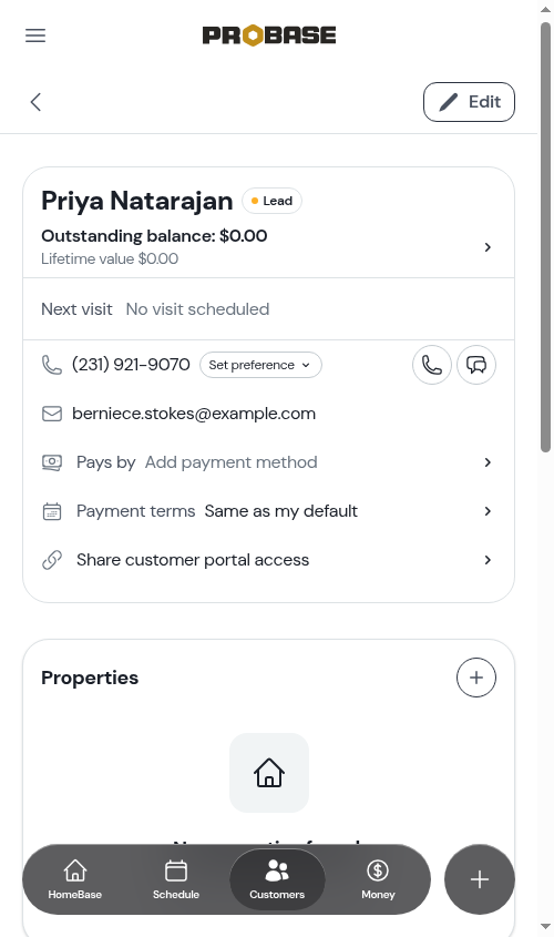 The Payment terms row on the customer's top card