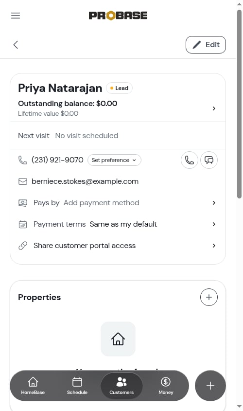 The Payment terms row on the customer's top card