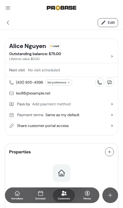 Customer page with balance