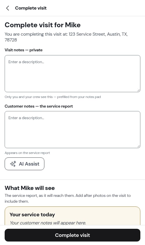 Completion form for a per-service appointment