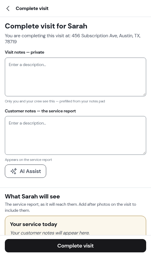 Completion form for a subscription appointment