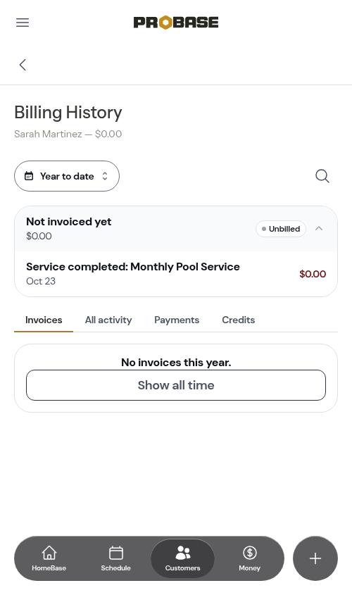 Completing a subscription appointment records a $0 visit entry — no charge is added