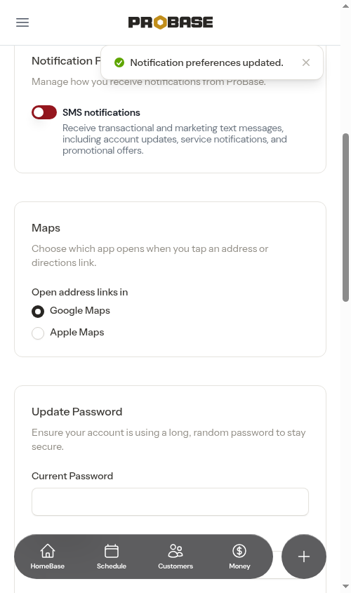 Notification preferences saved after toggling SMS off