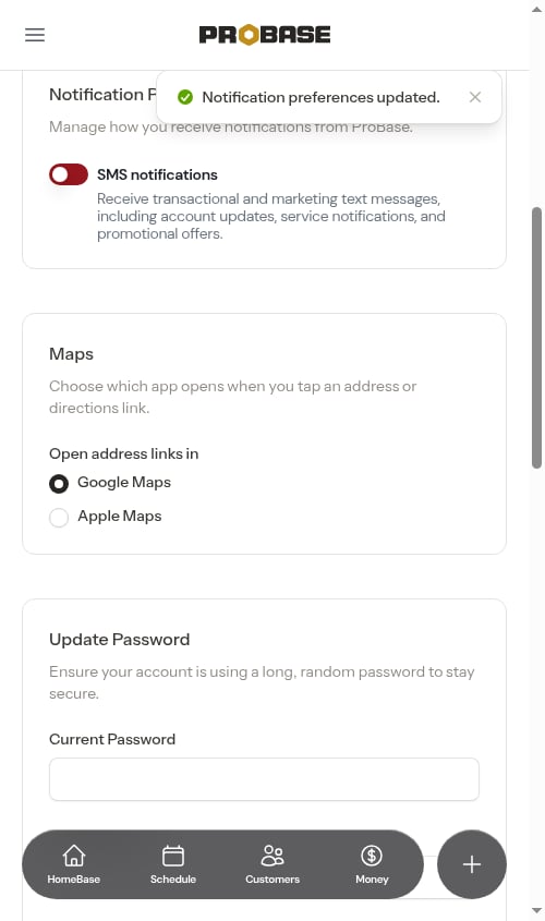 Notification preferences saved after toggling SMS off
