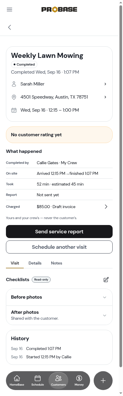 The completed visit with Send service report