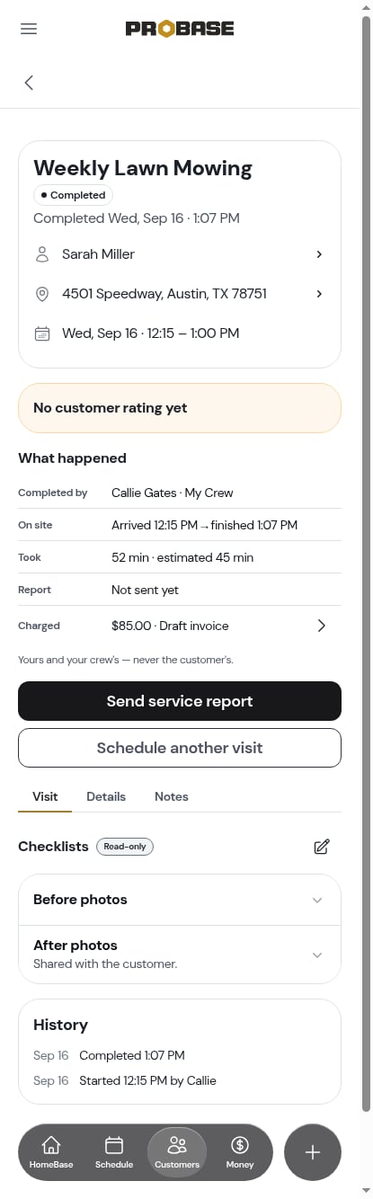 The completed visit with Send service report