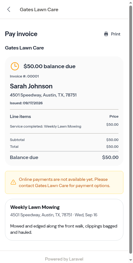 Pay opens the customer's invoice page