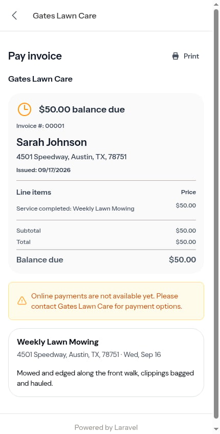 Pay opens the customer's invoice page