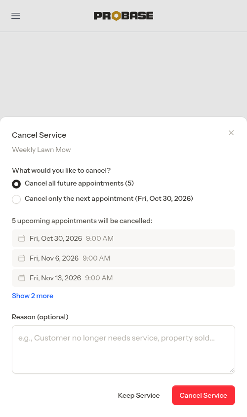 The Cancel Service window with the scope picker and the first three visits listed