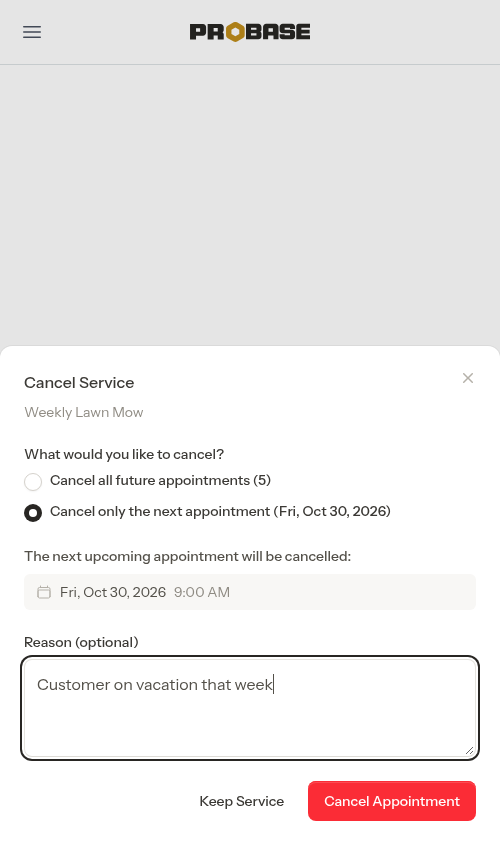 A reason typed against the next-visit-only cancel