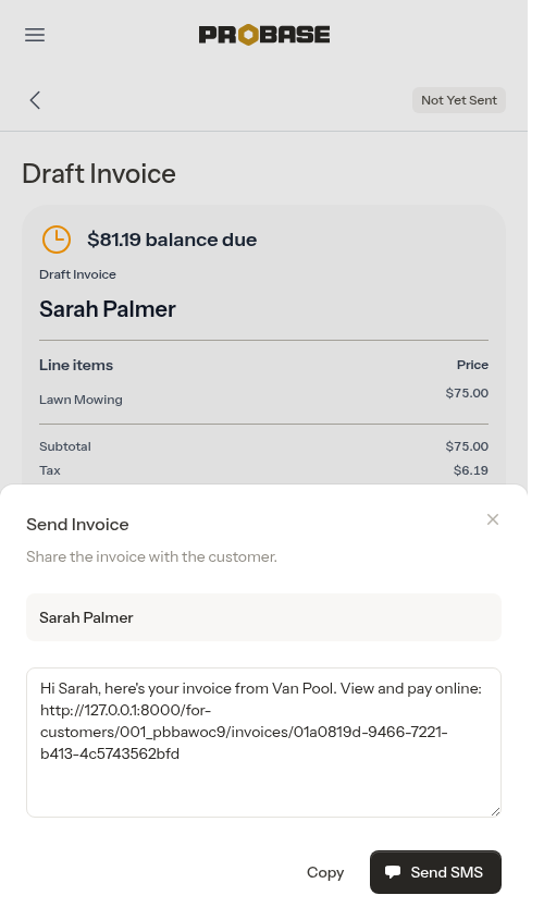 SMS compose modal with payment link