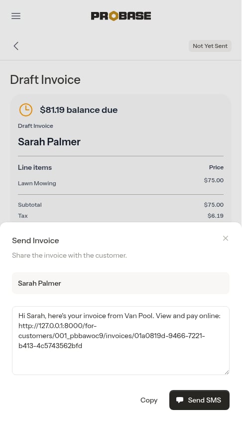 SMS compose modal with payment link