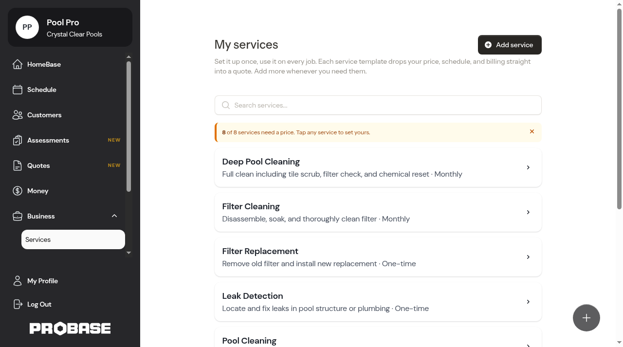 Pool service offerings created after onboarding