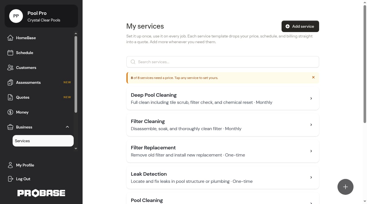 Pool service offerings created after onboarding