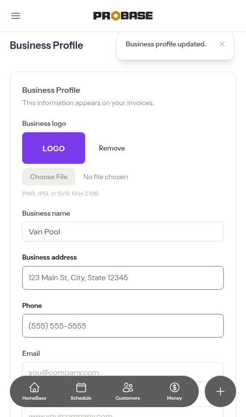 Settings page with logo saved
