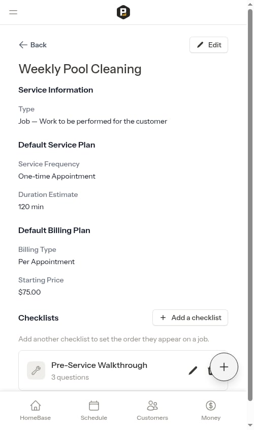 Checklist attached to a service