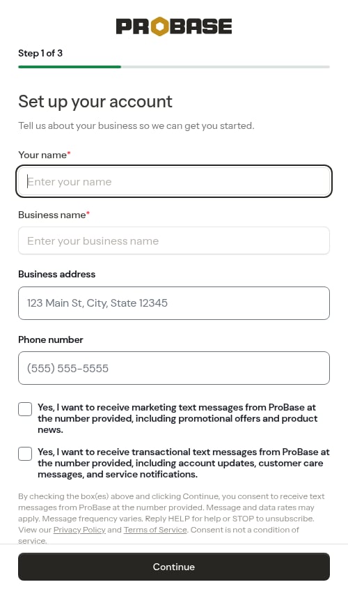 Pro onboarding step with explicit SMS consent checkboxes
