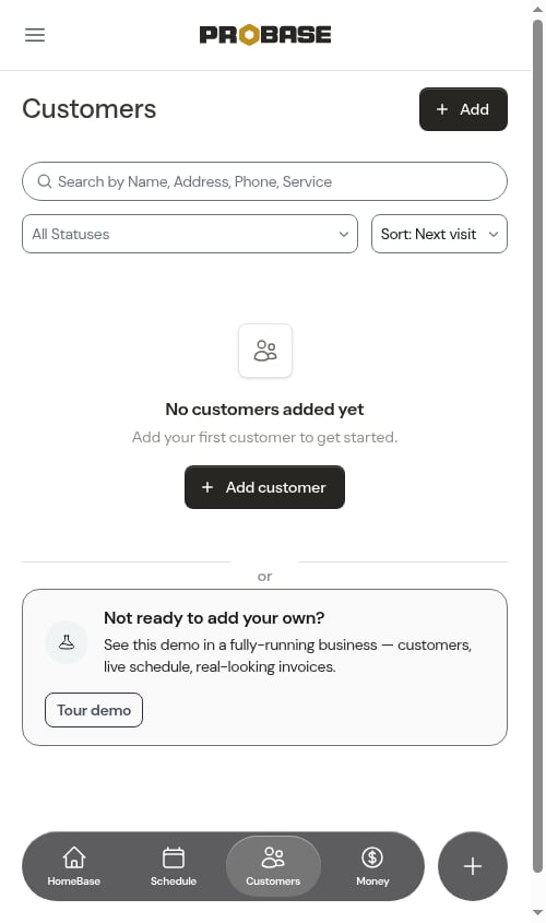 The Tour demo card under the empty Customers list