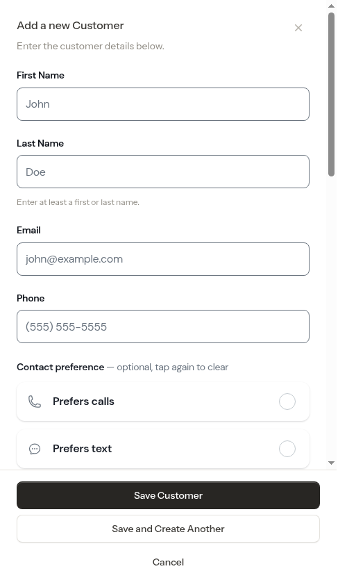 Customer create modal