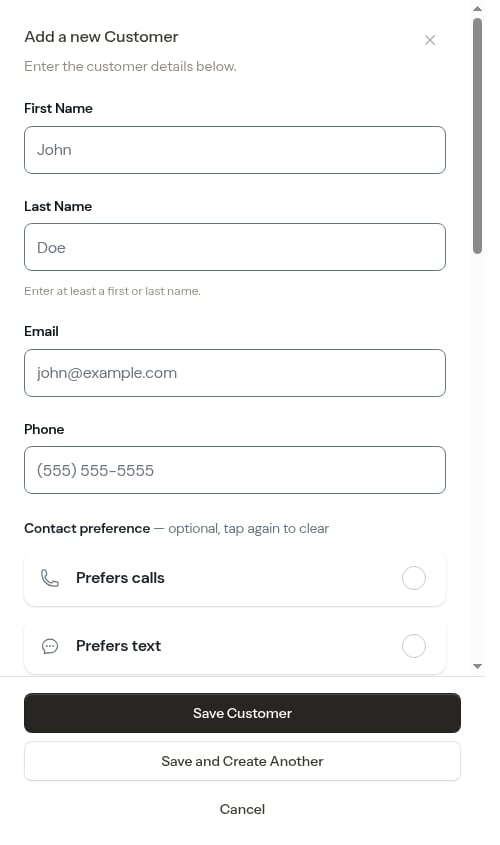Customer create modal